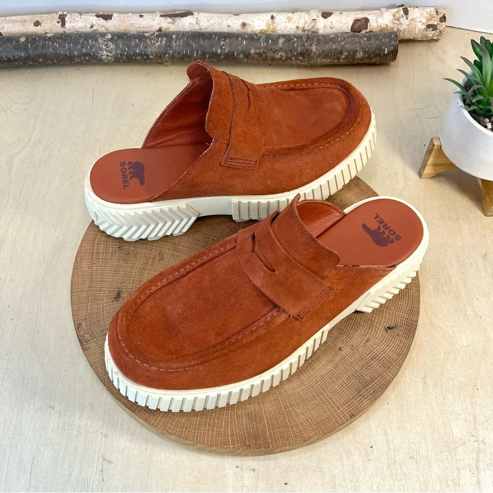 Sorel Suede Penny Mule in Burnt Orange and Cream Platform - Picture 6 of 16